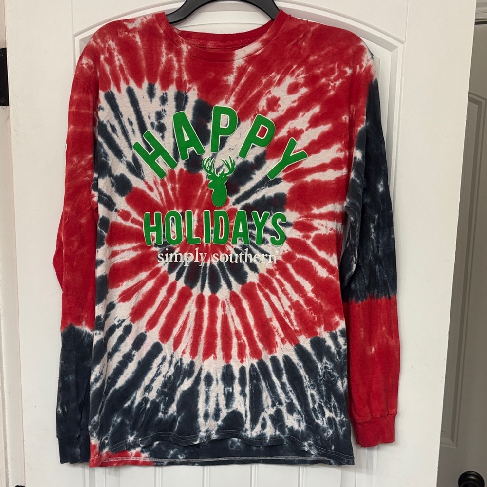 Simply Southern Red and Black Tie-Dye Holiday Shirt size Medium